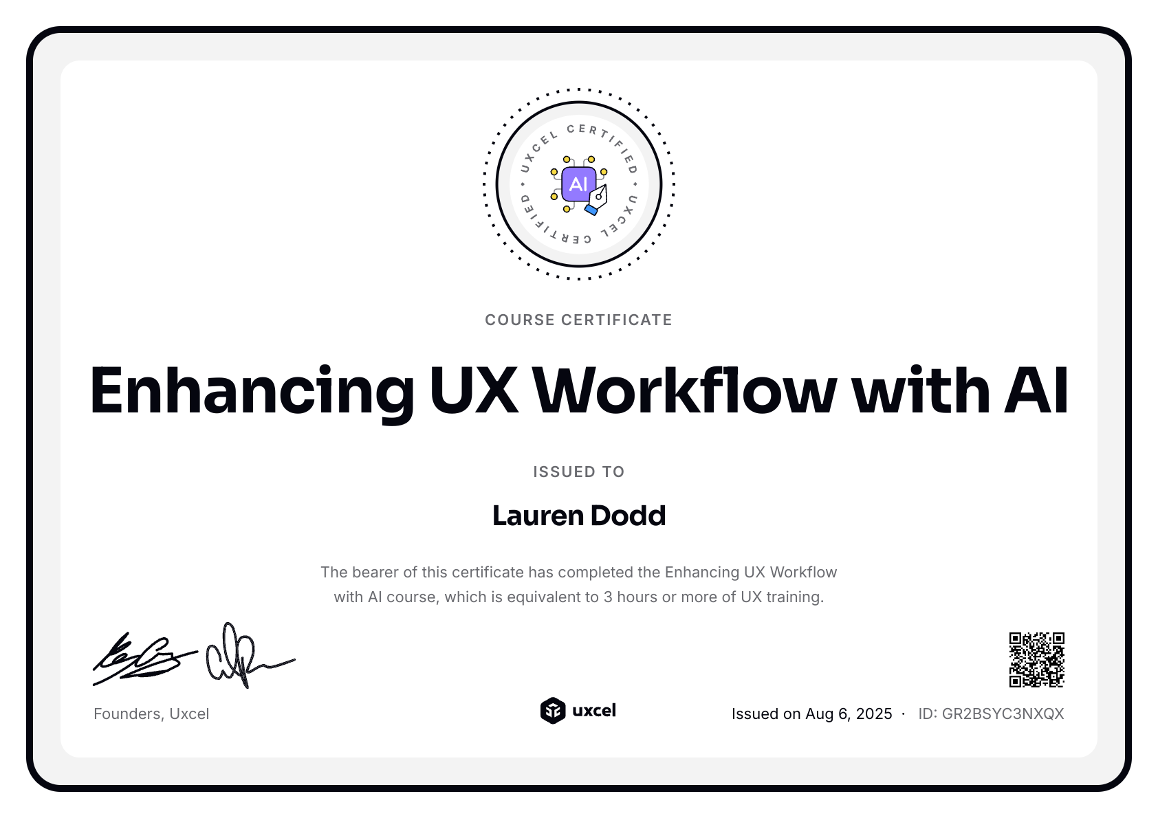 Lauren Dodd's certificate